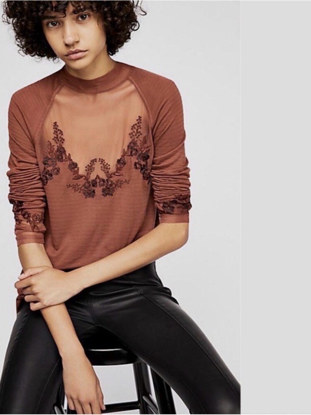 Free People Saheli Embroidered Mesh Top Brown